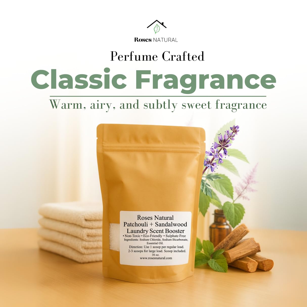 Patchouli + Sandalwood Laundry Scent Booster, 16 OZ, Non-Toxic, Sulfate-Free, In-Wash Patchouli Laundry Booster, Plant-based Sandalwood Laundry Scent