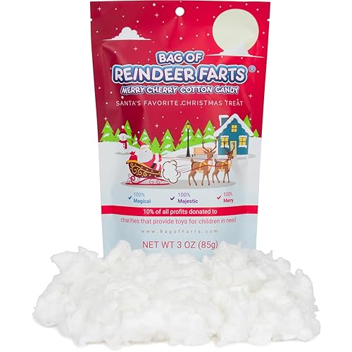 Bag of Reindeer Farts Cotton Candy, NEW Merry Cherry Flavor, 1 pack / 3 ounces, Funny Christmas Stocking Stuffer Present for Kids Boys Girls Teens