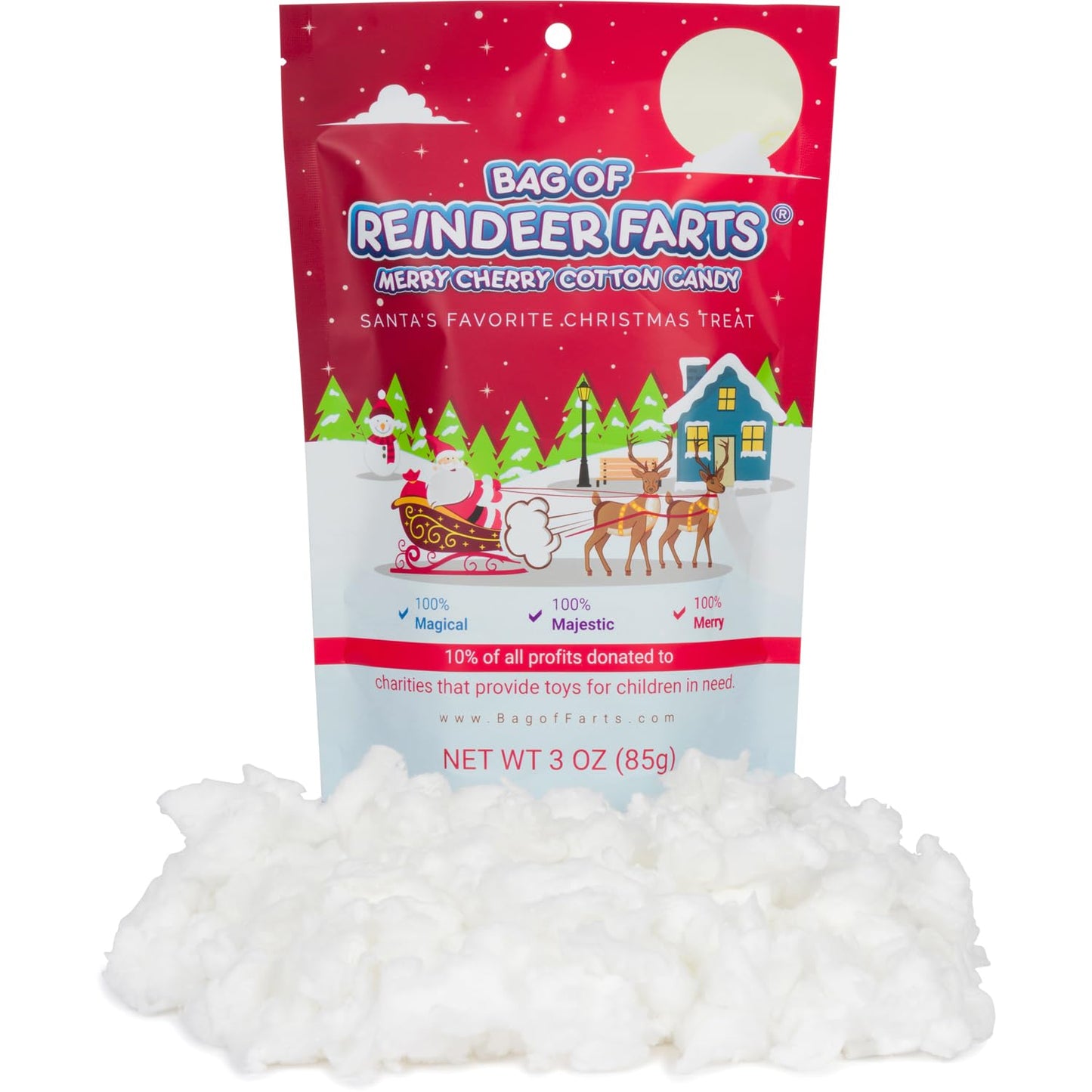 Bag of Reindeer Farts Cotton Candy, NEW Merry Cherry Flavor, 1 pack / 3 ounces, Funny Christmas Stocking Stuffer Present for Kids Boys Girls Teens