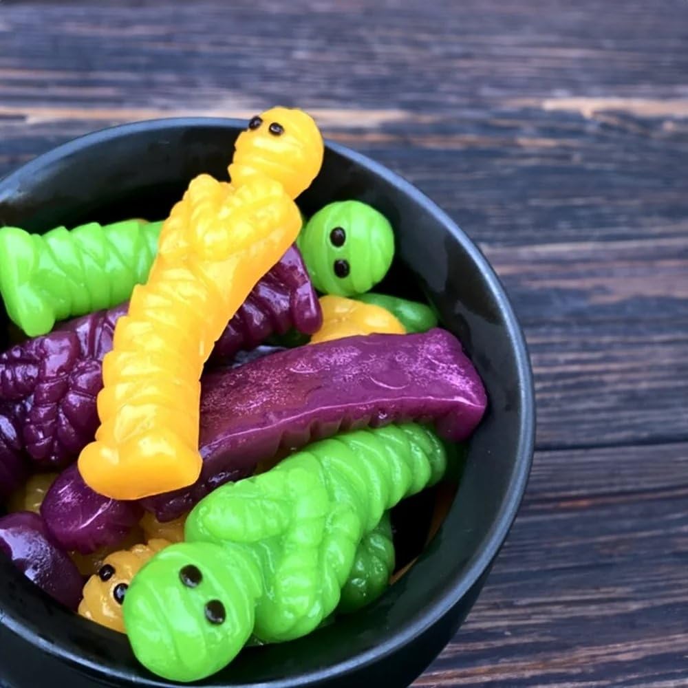 Fun Express 1 lb. Mummies Green, Yellow & Purple Fruit Gummy Candy - 46 Pieces