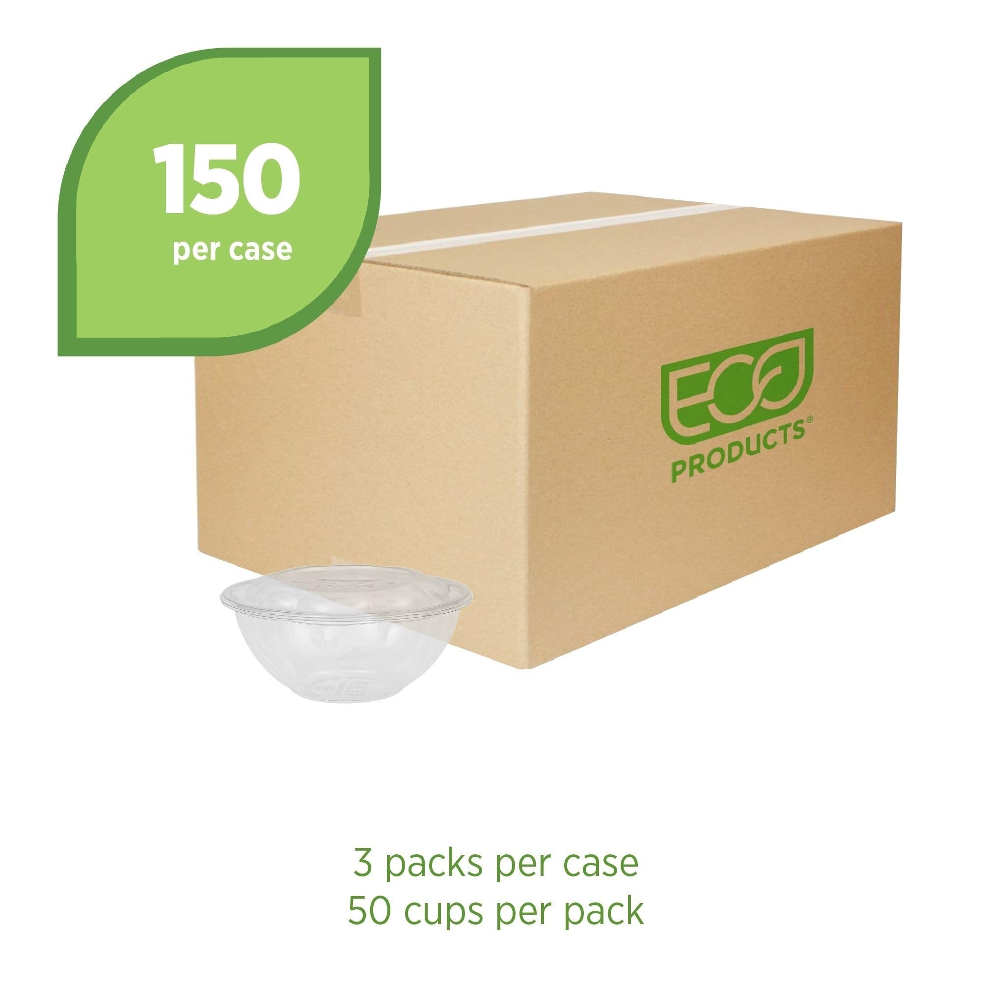 ECO PRODUCTS Compostable 24oz Salad Bowl, Clear PLA Plastic, With Lid, Case of 150, Grab 'n' Go Round Cold Takeout Food Containers, Renewable