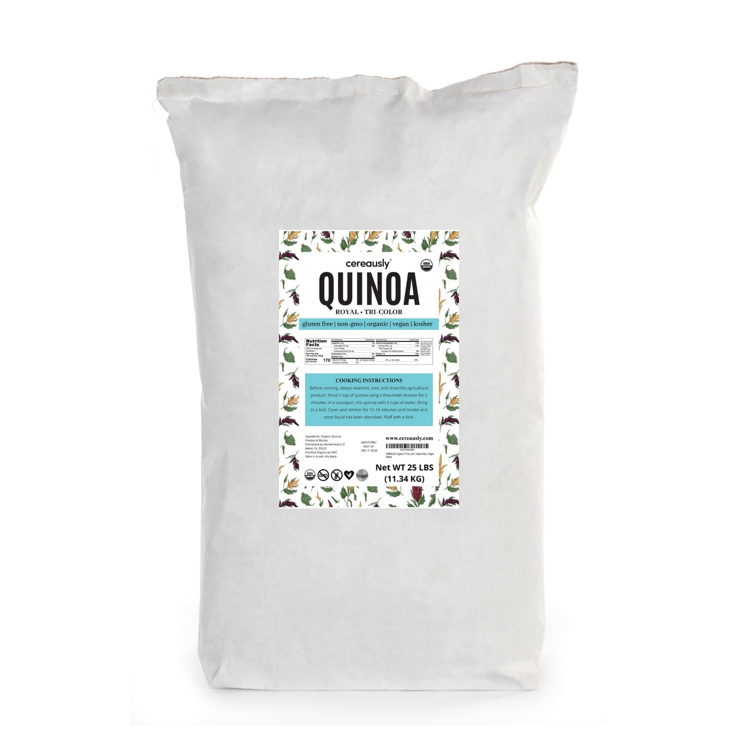 CEREAUSLY Organic Tri-Color Quinoa - Premium Royal Quinoa from Bolivia - Kosher and Non-GMO Quinoa Bulk - Vegan and Gluten-Fee Cooking Quinoa - 25 LB
