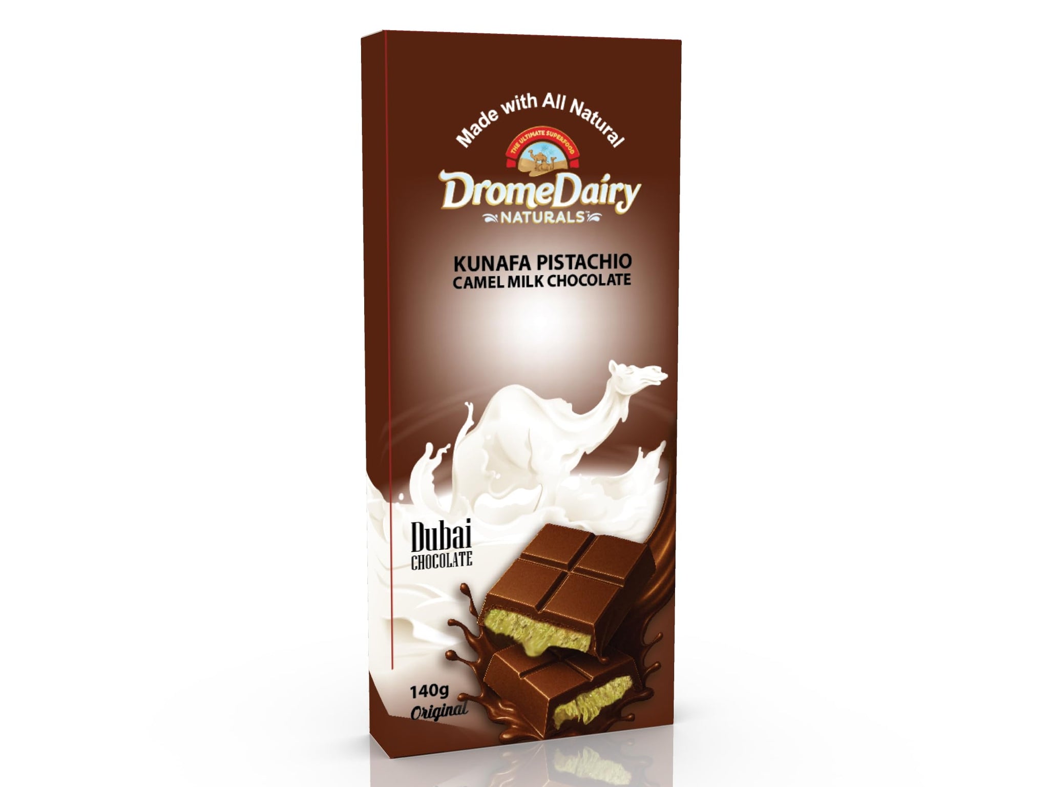 DromeDairy Naturals Premium Camel Milk Chocolate - Dubai Chocolate (Full Size, Kunafa Pistachio)