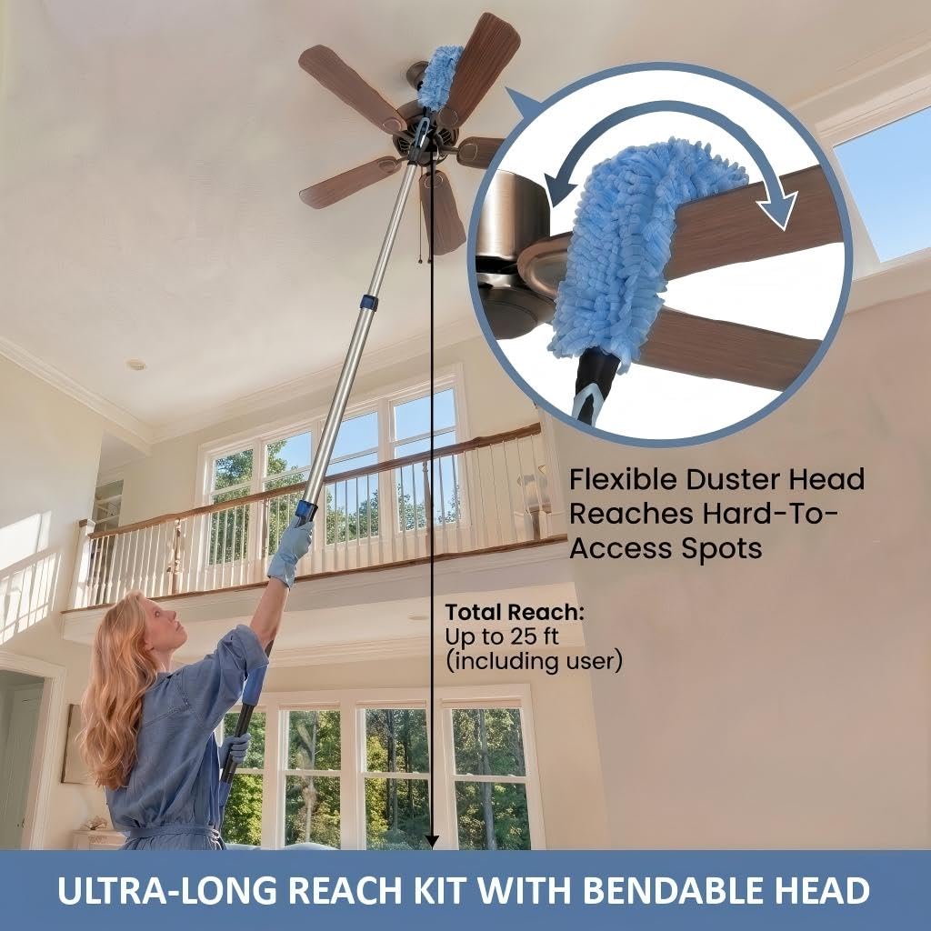 25ft High Ceiling Duster Kits with 5-18ft Heavy Duty Extension Pole - Fan Blade Cleaner, Cobweb Remover & Blue Window Squeegee Kit, Washable Dust