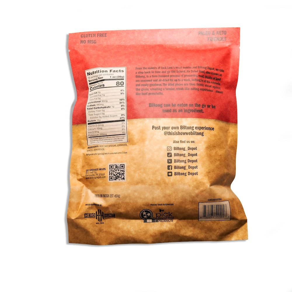 Biltong Depot Original Beef Biltong Slices with Fat - 1lb (16oz) | Air-Dried Beef Jerky Snack | High Protein | Zero Sugar | Keto & Paleo Friendly |