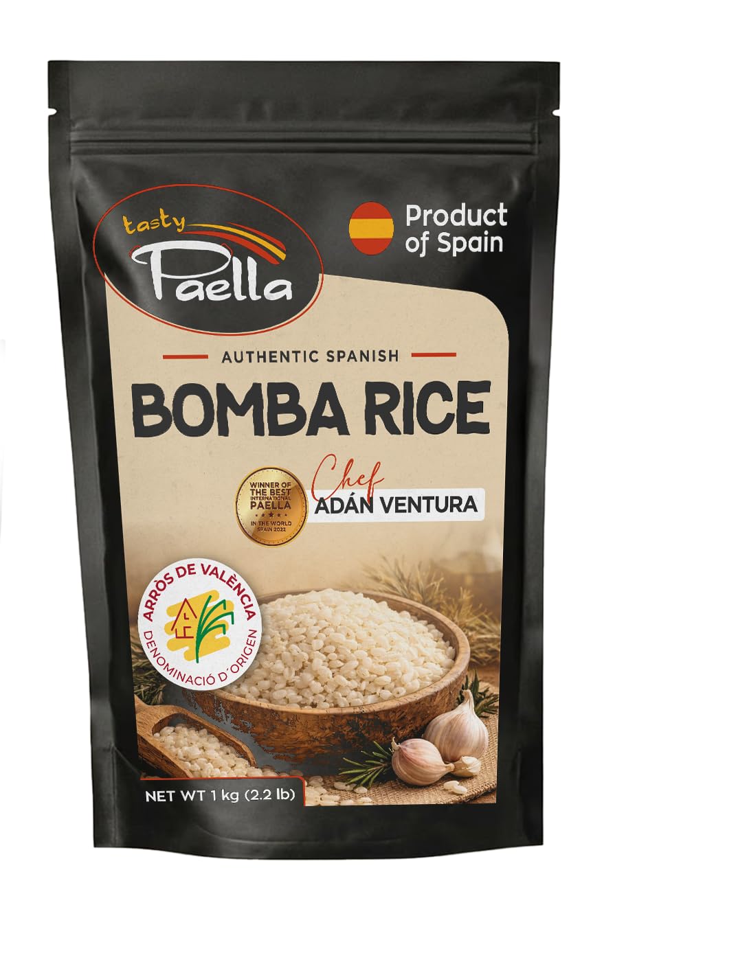 TASTY PAELLA Bomba Rice from Spain by Chef Adan Ventura, Authentic Bomba Paella Rice - Firm, Natural Spanish Grain, 1kg (2.2 lb)