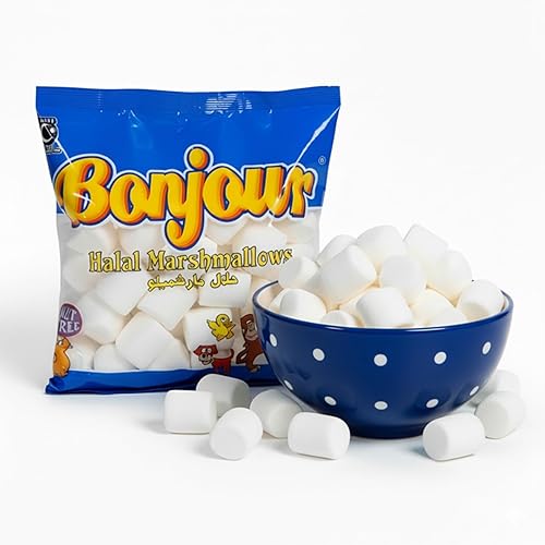 Bonjour Large Marshmallows - Halal Gelatin, Low Fat & Dye Free Square Marshmallows For Hot Chocolate, Smore, Ice Cream - Vanilla Flavored, Soft