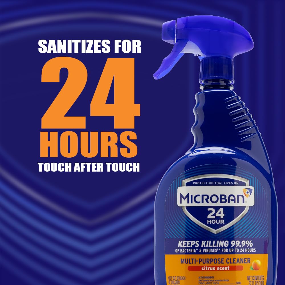 MICROBAN Multi-Purpose Cleaner, 32 oz., 2 Pack, Citrus, Penetrates Soap Scum, Greasy Soils and Reduces Odors, Keeps Killing 99.9% of Bacteria