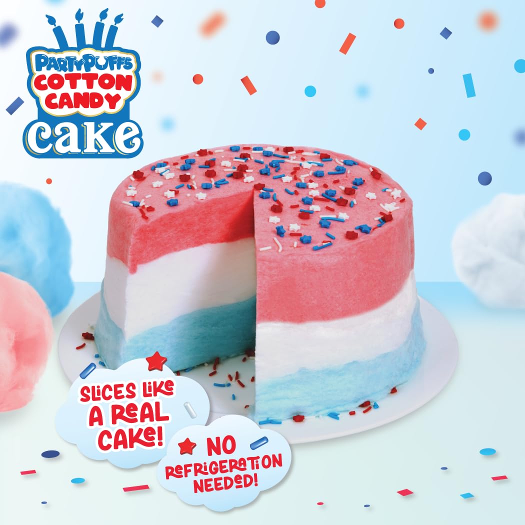 PartyPuffs Jumbo Cotton Candy Cake 13oz - Slices Like Real Cake - Strawberry Vanilla Blue Raspberry - Ready to Serve Gluten-Free Dessert for Birthdays