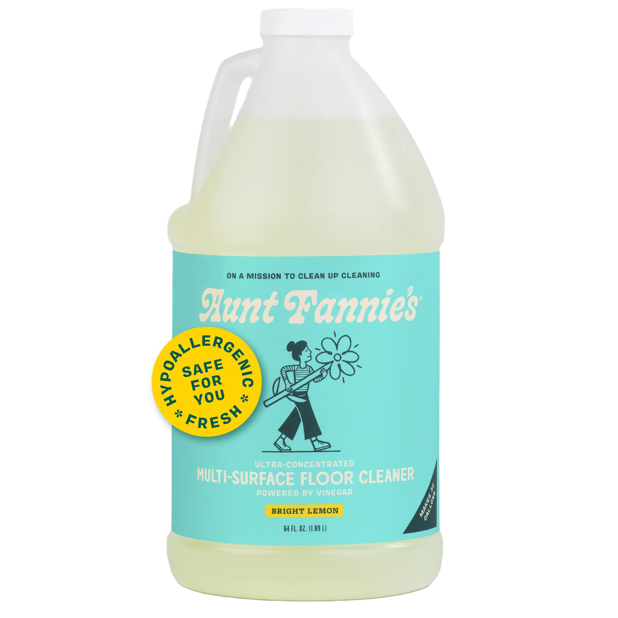 Aunt Fannie's Ultra Concentrated Floor Cleaner Vinegar Wash, Multi-Surface Solution For Mopping, Value Size, Bright Lemon Scent, 64 oz