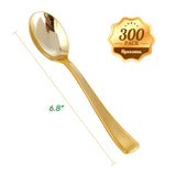 FOCUSLINE 300 Pack 6.8" Disposable Gold Plastic Spoons, Solid and Durable Plastic Cutlery Spoons, Heavy Duty Disposable Utensil Silverware