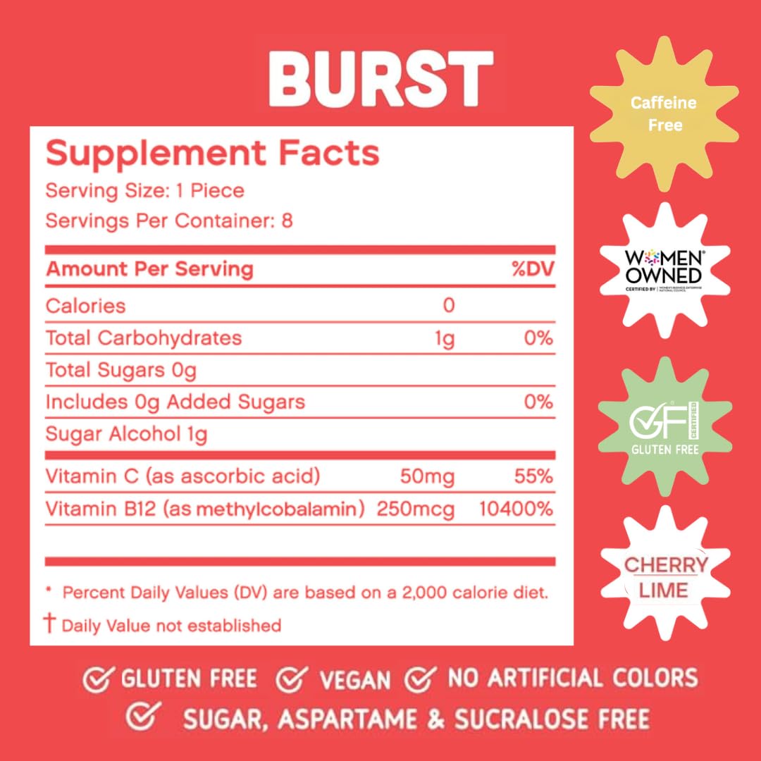 Chomp Gums BURST Chewing Gum, Sugar-Free with Vitamin B12 & C, Caffeine Free, Gluten-Free, Aspartame & Sucralose Free, Cherry Lime Flavor (1 Pack)