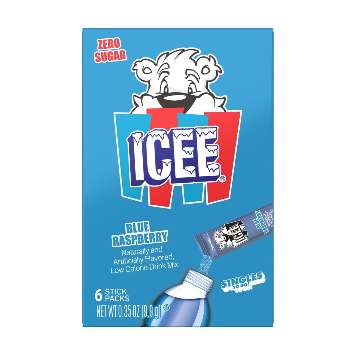 ICEE Blue Raspberry Singles To Go - Pack of 3 - Powdered Drink Mix - Zero Sugar - 6 Sticks Per Box - 18 Servings
