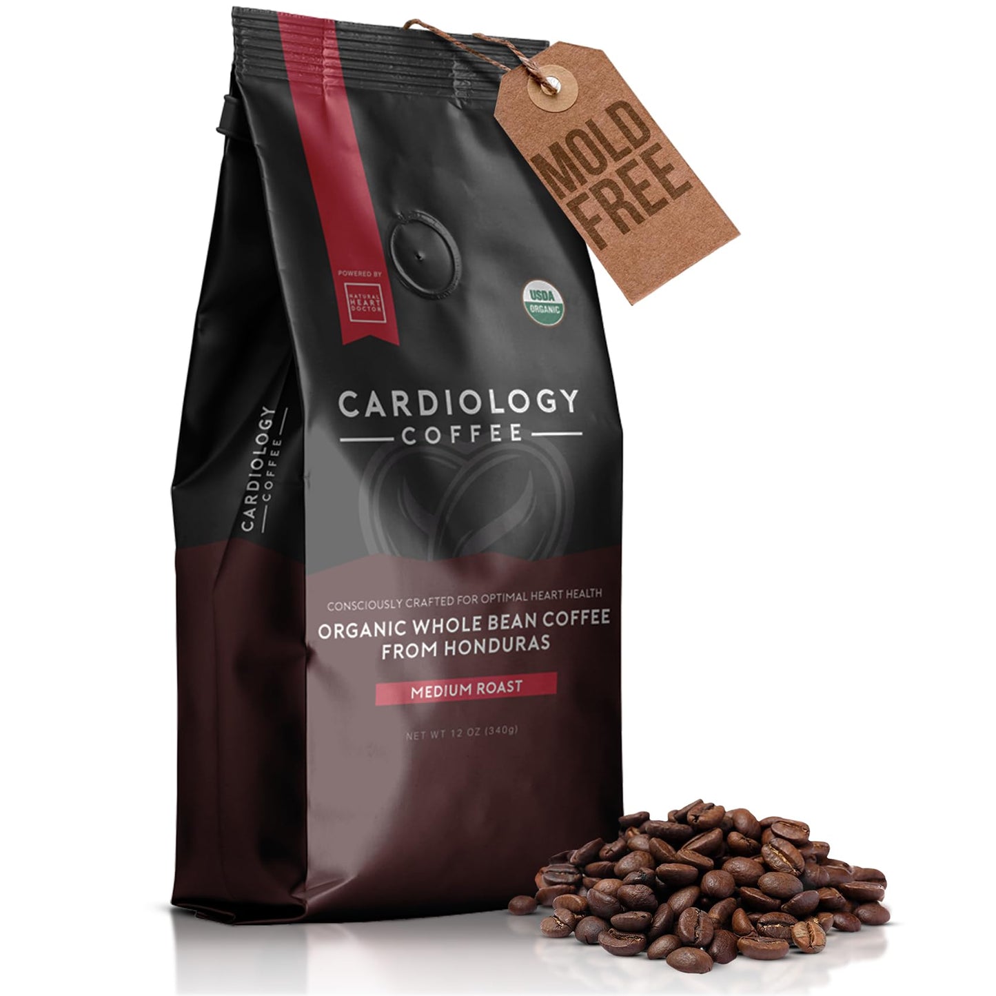 Cardiology Coffee - Whole Bean Coffee - USDA Certified Organic, Mold Free 12oz Premium Medium Roast Organic Coffee Beans with Antioxidant Benefits