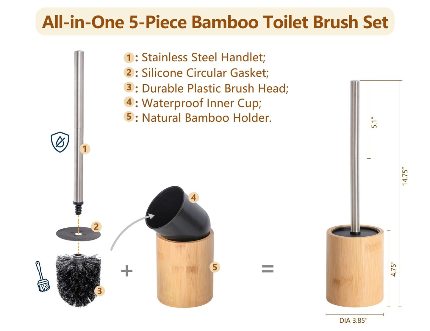 Round Bamboo Toilet Brush, Stainless Steel Long Handle, Freestanding Bathroom Cleaning Brush for Toilet Bowl