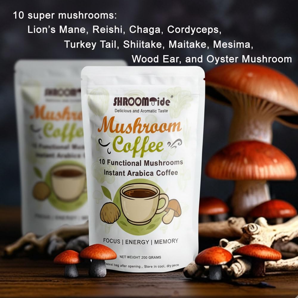 SHROOMTIDE Mushroom Coffee 200g Instant Arabica with 10 Functional Mushrooms - Lion’s Mane, Reishi, Chaga, Cordyceps. Natural Energy, Focus & Immunity