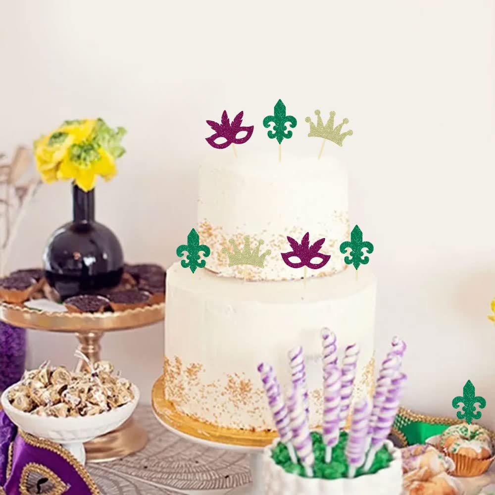24 Pcs Mardi Gras Cupcake Toppers, Glitter Masquerade Masks Cupcake Toppers for Masquerade Mardi Gras Party Baby Shower Birthday Party Decorations