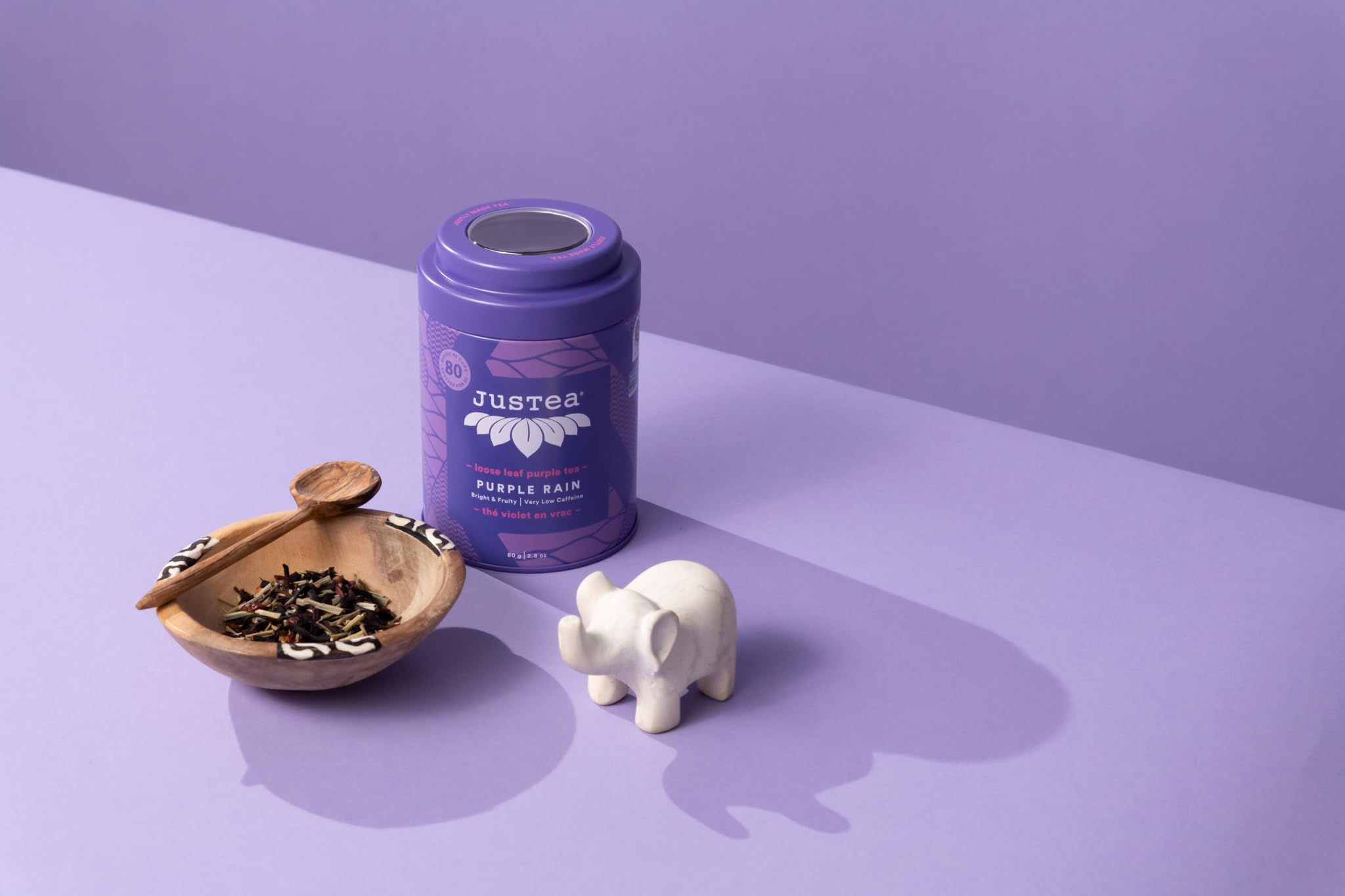 JusTea PURPLE RAIN | Loose Leaf Purple Tea | Tin with Hand Carved Tea Spoon | 40+ Cups (2.8oz) | Very Low Caffeine | Award-Winning | Fair Trade |
