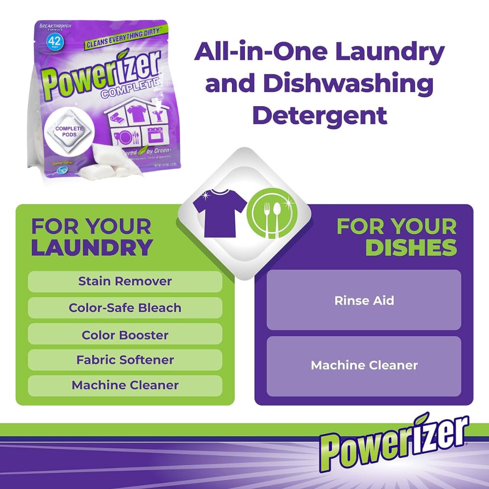 Powerizer Complete Multipurpose Cleaning Pods - Plant and Mineral Based Concentrated Laundry & Dishwasher Detergent | 42 Count | All-in-One Cleaning