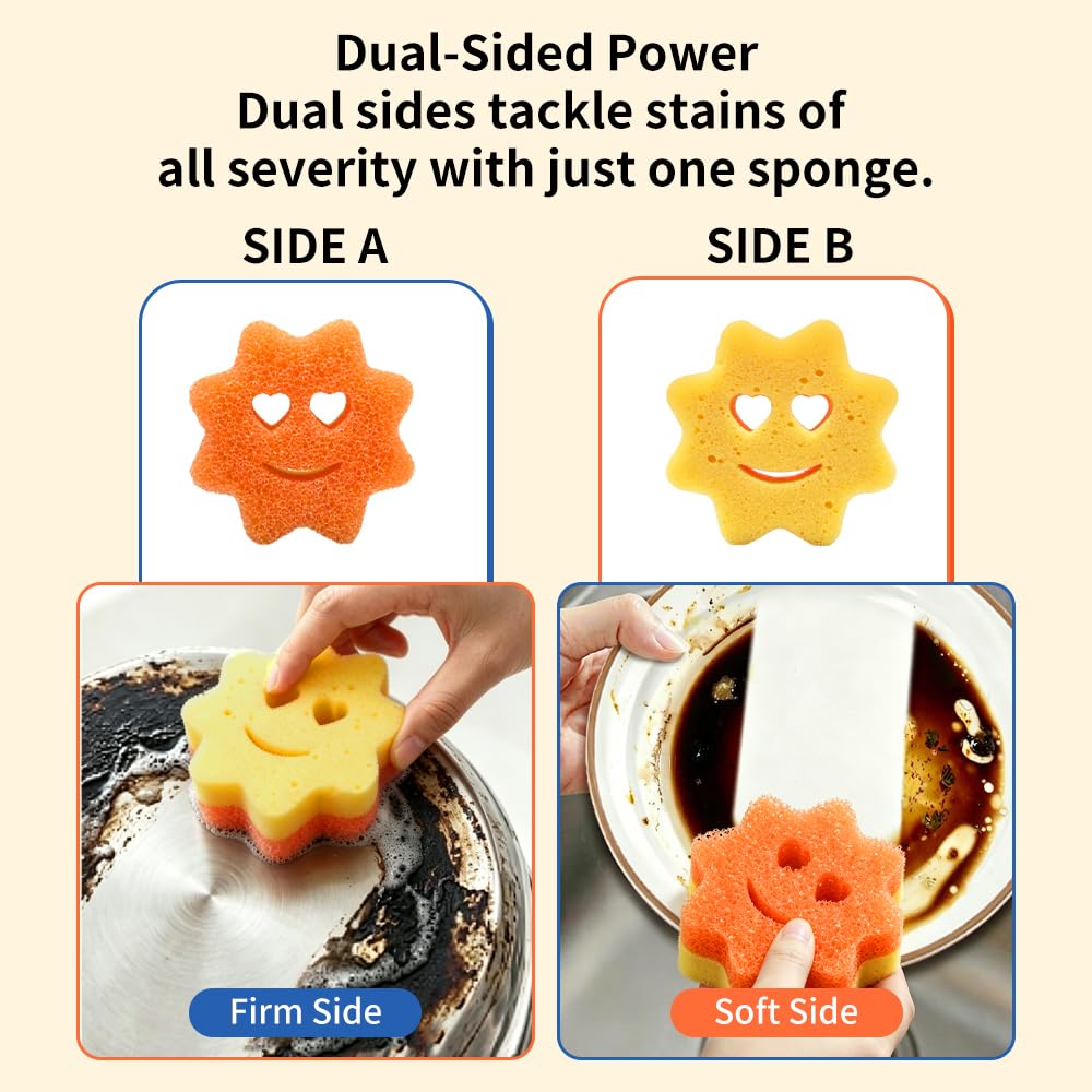 8 Pack Scrub Sponges, BIH Smile Dual-Sided Dish Sponge, 2 Shapes Temperature Sensitive Non Scratch Kitchen Sponges for Kitchen, Bathroom, Windows
