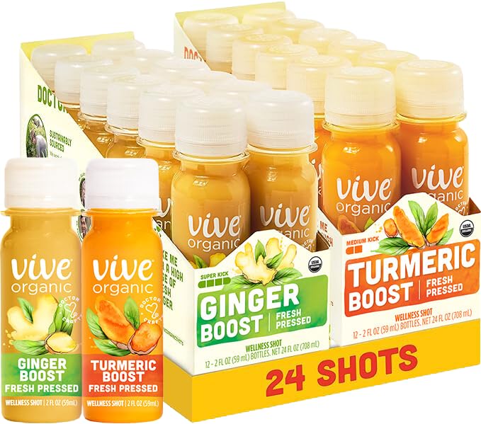 Vive Organic Immune Support Ginger Shot + Turmeric Shot Variety Pack, Cold-Pressed Ginger Root & Turmeric, Gluten Free, Vegan, Immunity Booster, 2 Fl