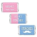 DISTINCTIVS Baby Gender Reveal Mini Candy Bar Wrappers - Lashes or Staches - 42 Stickers