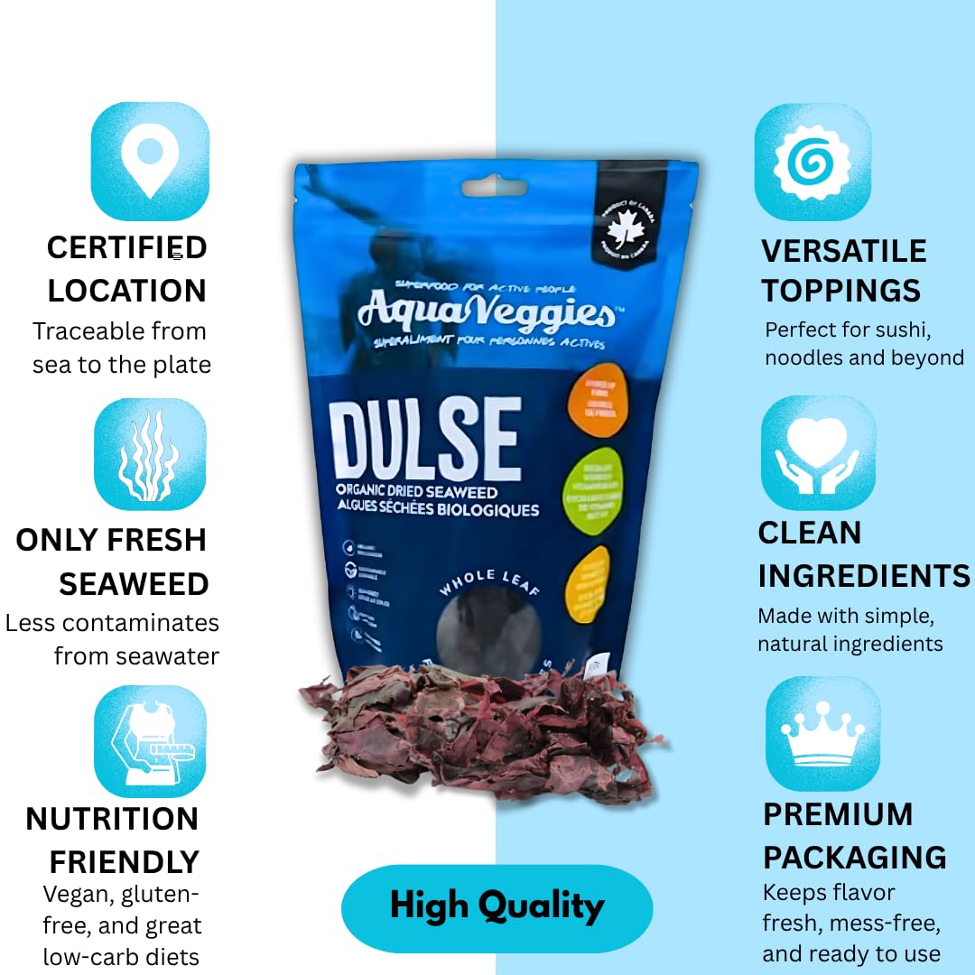 Aqua Veggies Organic Dulse Whole Leaf - Sun-Dried Atlantic Seaweed from Bay of Fundy - Iodine-Rich Vegan Superfood - B6, B12, Iron, Calcium, Magnesium
