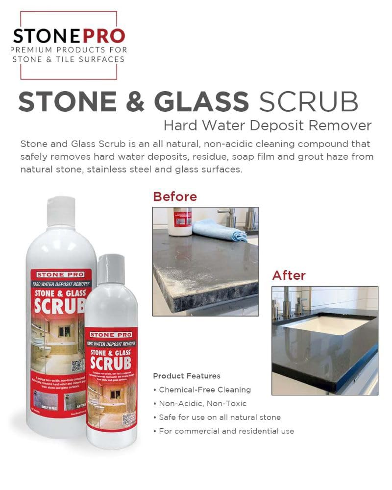 Stone Pro Stone and Glass Scrub - Hard Water Stain Remover - Remove Spots on Glass, Natural Stone, Quartz, & Metal Fixtures (Quart)