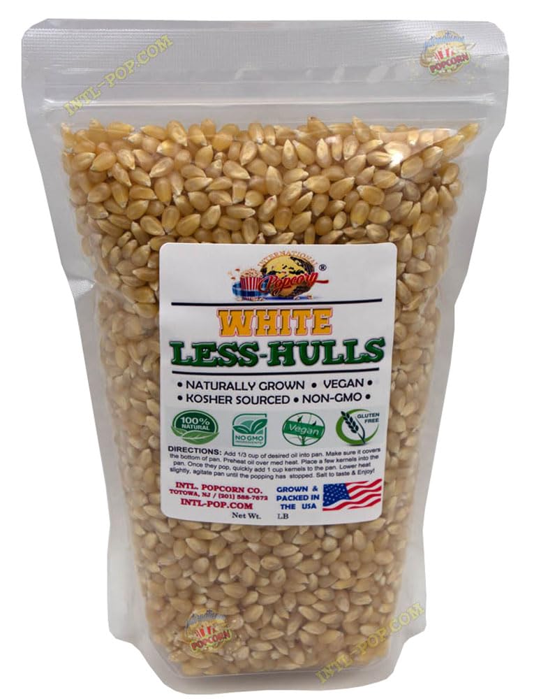 Intl. Popcorn White Hulless (Less Hulls) Premium Popcorn Kernels • Pesticide-Free, Chemical-Free, Glyphosate-Free • USA Grown • All Natural, Vegan