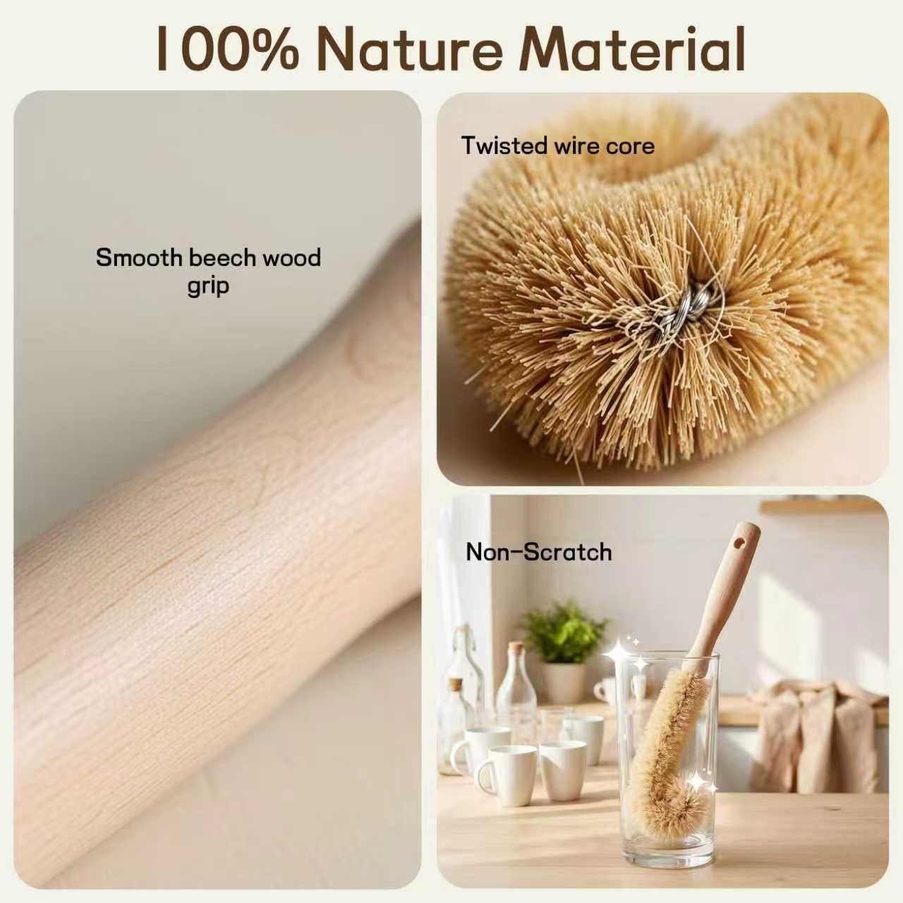 MI BRUSHAX Bottle Brush Cleaner,Long Beech Wood Handle Non-Scratch,L-Shape for Cleaning Coffee Cups,Mason,Thermos,Glass Bottle,Beer Bottles,Wine