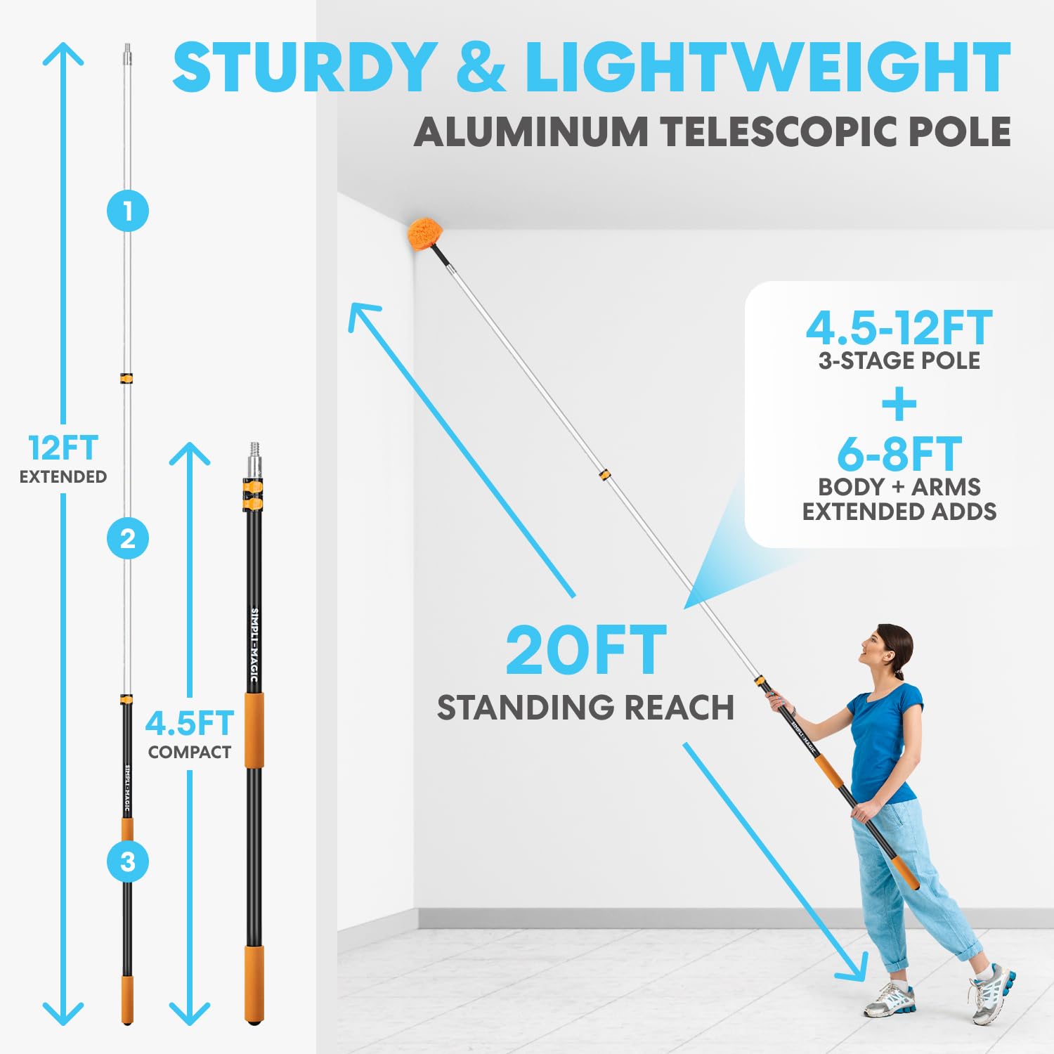 Simpli-Magic 20 Foot High Ceiling Duster Kit with 5-12ft Heavy Duty Extension Pole,High Reach Duster for Cleaning,Microfiber Feather Duster,Cobweb