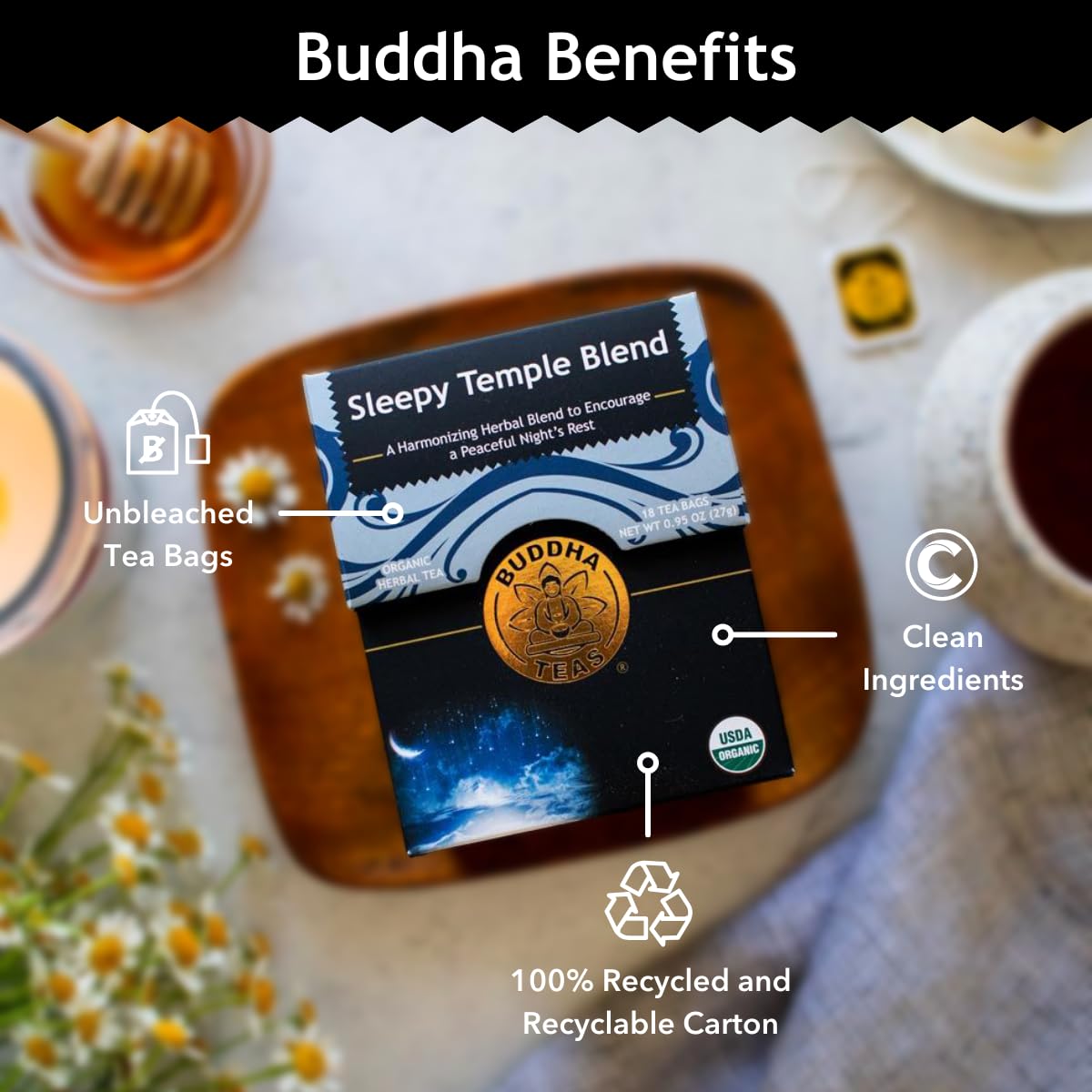Buddha Teas - Sleepy Temple Blend - Organic Herbal Tea - For Health & Wellbeing - Blend of Herbs & Flowers - Clean Ingredients - Caffeine Free - OU