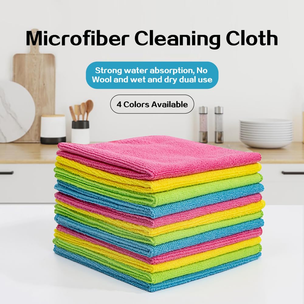 ROZHOME Microfibre Towelling Tea Towels Pack of 12, Dish Cloths Absorbent and Lint Free, Multi-Purpose Microfibre Dish Rags for Kitchen 11.8 x 11.8