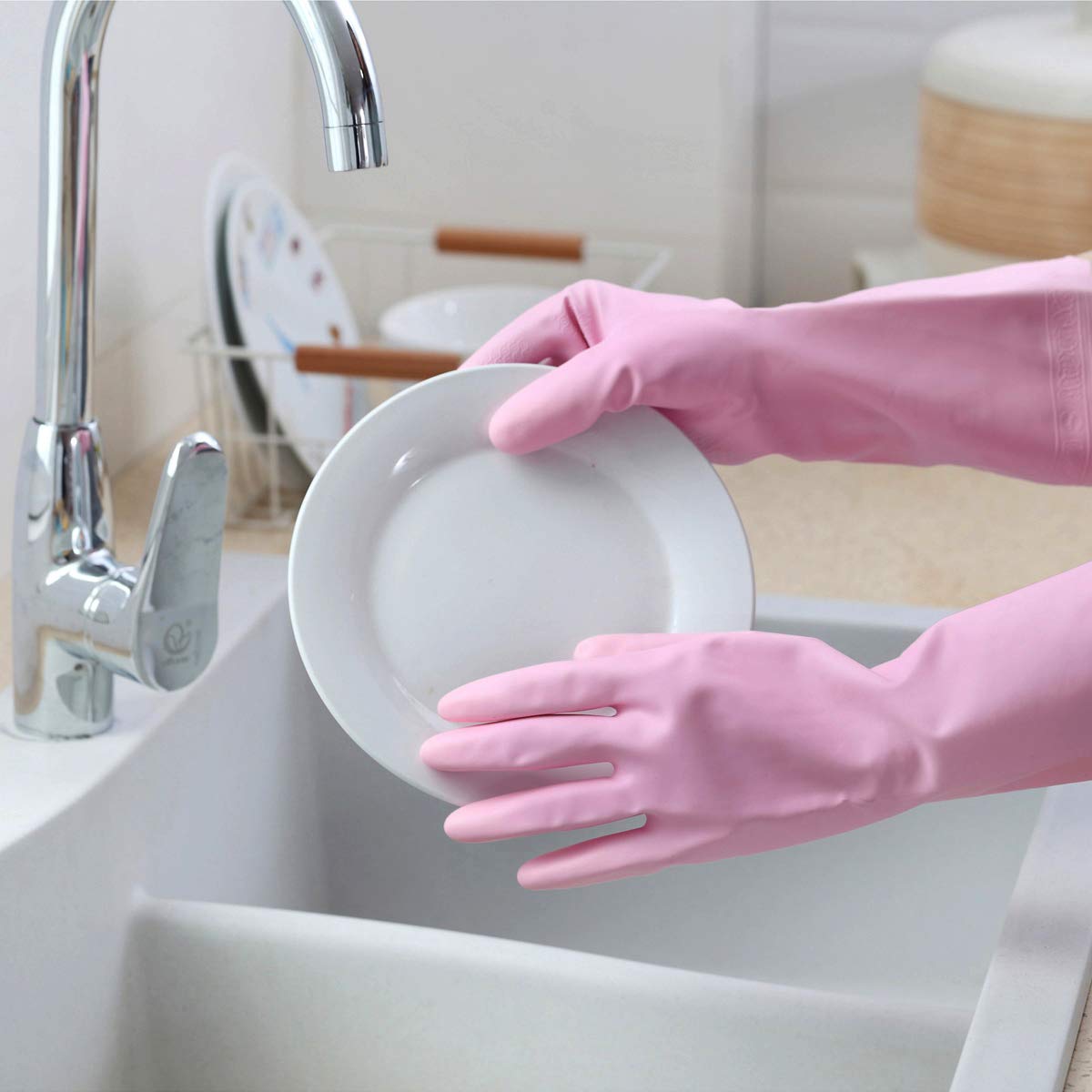 HSL Household Cleaning Gloves - 2 Pairs Reusable Kitchen Dishwashing Gloves with Latex Free, Cotton lining, Waterproof, Non-Slip, Ideal for Dishes
