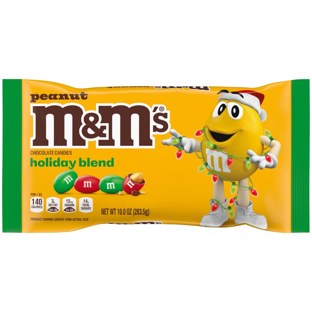 M&M'S Peanut Milk Chocolate Christmas Candy, Holiday Chocolate Candy for Stocking Stuffers, 10 oz Bag