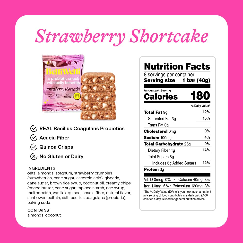 Belliwelli Soft Baked Probiotic Snack Bars | Gluten-Free, Dairy-Free, Vegan, Low-FODMAP | High-Fiber, Healthy & Tasty | Strawberry Shortcake (8 Pack)