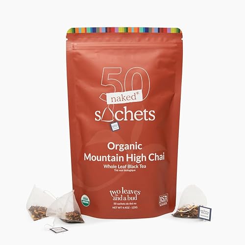 Two Leaves and a Bud Organic Mountain High Chai Tea Bags, Whole Leaf Black Tea and Spices in Unwrapped Pyramid Sachets, 50 Count (Pack of 1)