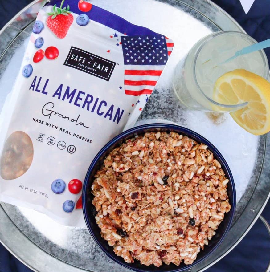 Safe + Fair All American Granola - Gluten-Free & Vegan Snack - Whole Grain Oats with Real Strawberries, Blueberries, and Cranberries - Non-GMO