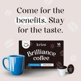 Krios Coffee Brilliance Coffee Pods, Enhance Energy & Focus with Essential Vitamins, L-Theanine, Bacopa Monnieri & Rhodiola Rosea, Medium Roast