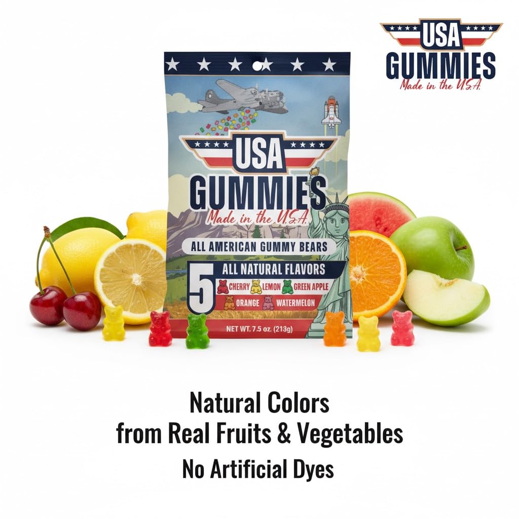 USA Gummies Dye Free Gummy Bears - Red Dye Free Candy Made in USA, No Artificial Colors, Natural Fruit Flavors, Fat Free, Non-GMO, Allergen Free, 7.5