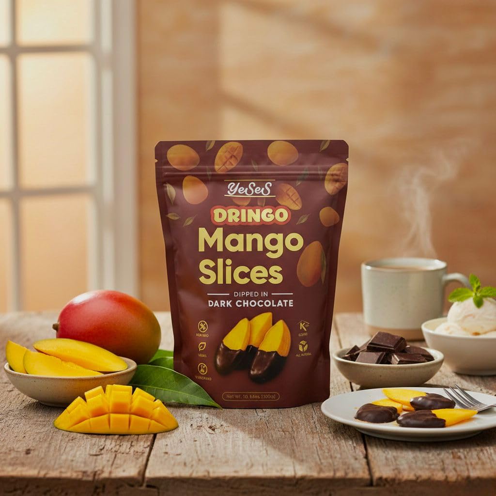 Mango Slices Dipped in Dark Chocolate Dringo Yeses - Premium Dried Mango Snack, Non-GMO, Vegan, Kosher, All-Natural, No Additives, 10.58 oz (300g)