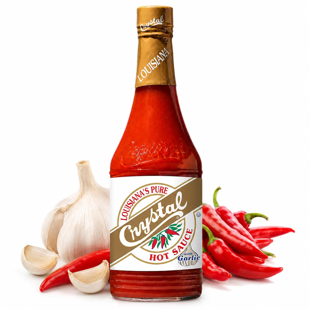 Crystal Louisiana's Pure Hot Sauce with Garlic, 12 Ounce, Aged Cayenne Peppers, Medium Heat, Flavor Gumbo to Bloody Mary's