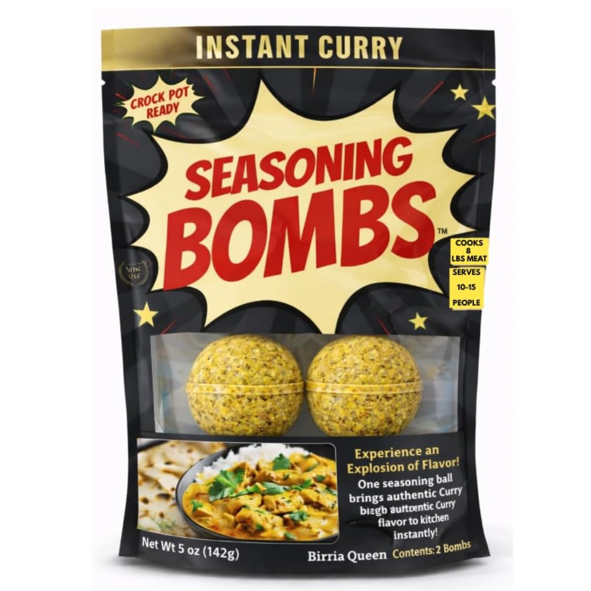 Birria Queen Curry Seasoning Bombs (2 Bombs, 5 oz) - Instant Curry Flavor, Slow Cooker & Crock Pot Ready, Easy Drop-In Spice Blend, No Measuring