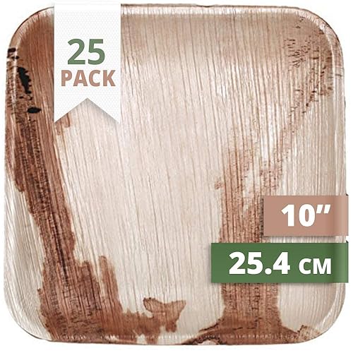 CaterEco Square Palm Leaf Plates Set (Pack of 25) | Dinner Plates | Ecofriendly Disposable Dinnerware | Heavy Duty Biodegradable Party Utensils