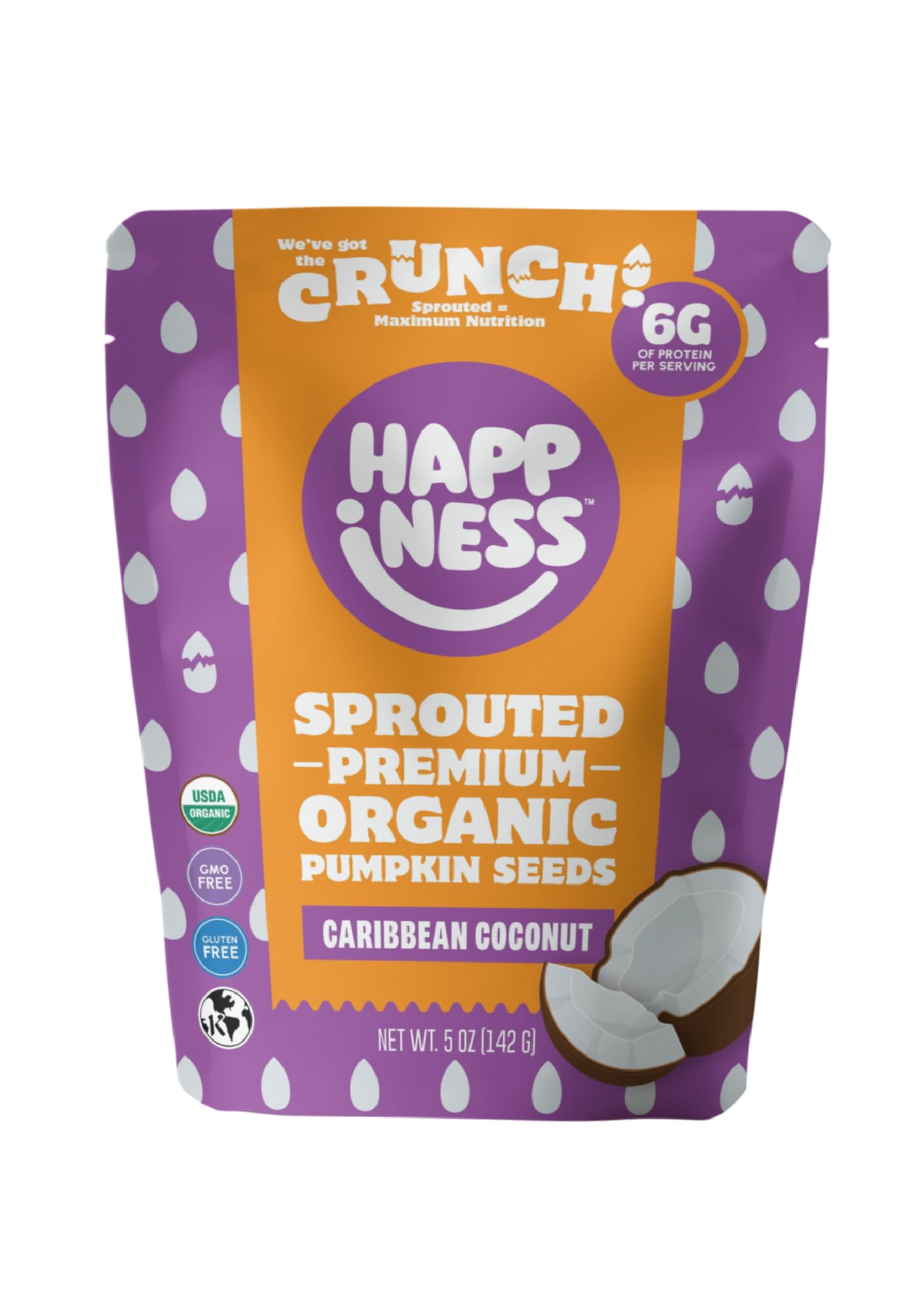 Happiness Foods™ Caribbean Coconut - Sprouted Organic Raw Pumpkin Seeds - High Protein, Certified USDA Organic, Non-GMO, Low Carb, Vegan, Gluten-Free