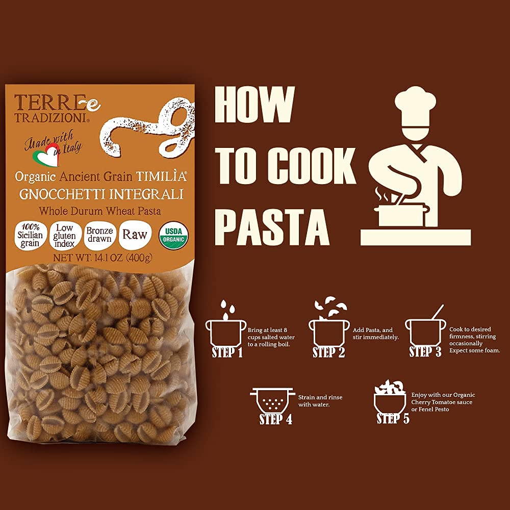 3 Packs Organic Italian Whole DURUM Wheat GNOCHETTI Pasta - Sicilian Ancient Grain Timilia Vegan Pasta Crafted in Italy. Low-Gluten Index. Has 6X More