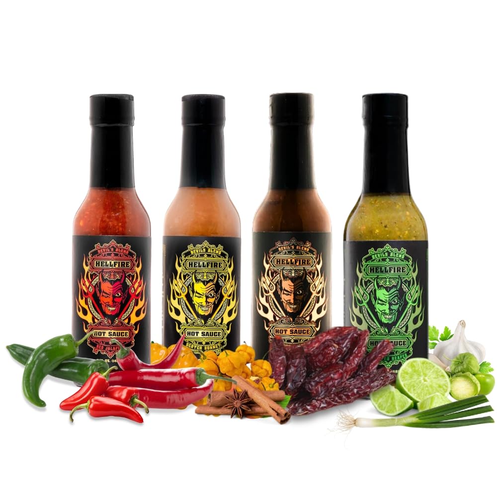 Hellfire Hot Sauce Devil's Blend Gift Pack - Gourmet Hot Sauce Variety Pack With 4 Spicy Flavors (Four 5 oz. Bottles)