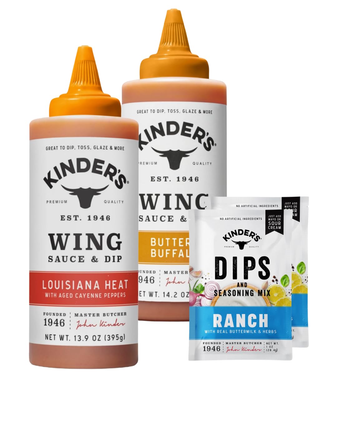 Kinder's Wing Sauce Variety Pack, Louisiana Heat and Buffalo Sauce with Ranch Dip Mix, Premium Quality Since 1946