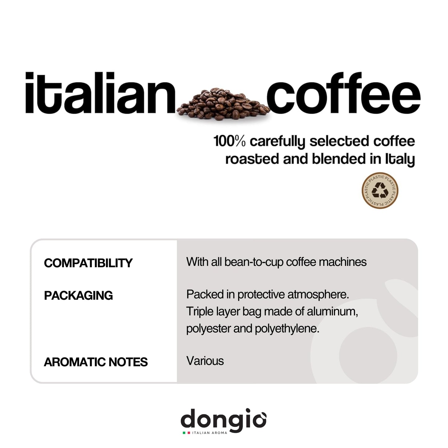Dongiò Caffè Variety Pack whole bean coffee, 3 bags of 2.2 lbs - 100% blended and roasted in Italy (light, medium and dark roasts)