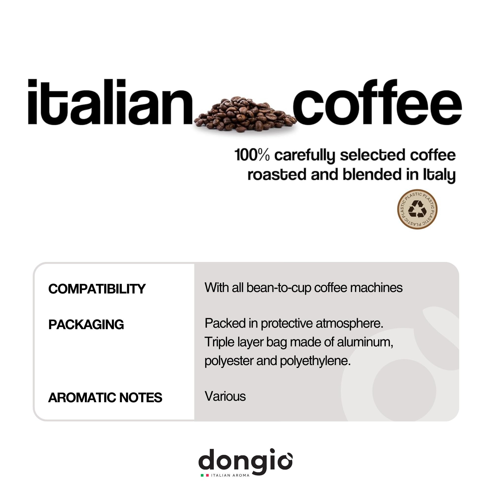 Dongiò Caffè Variety Pack whole bean coffee, 3 bags of 2.2 lbs - 100% blended and roasted in Italy (light, medium and dark roasts)